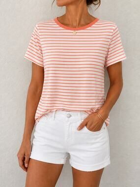 CHICO’S White Coral Stripe Cotton Tee Short Sleeve Classic Top Size 1 Medium